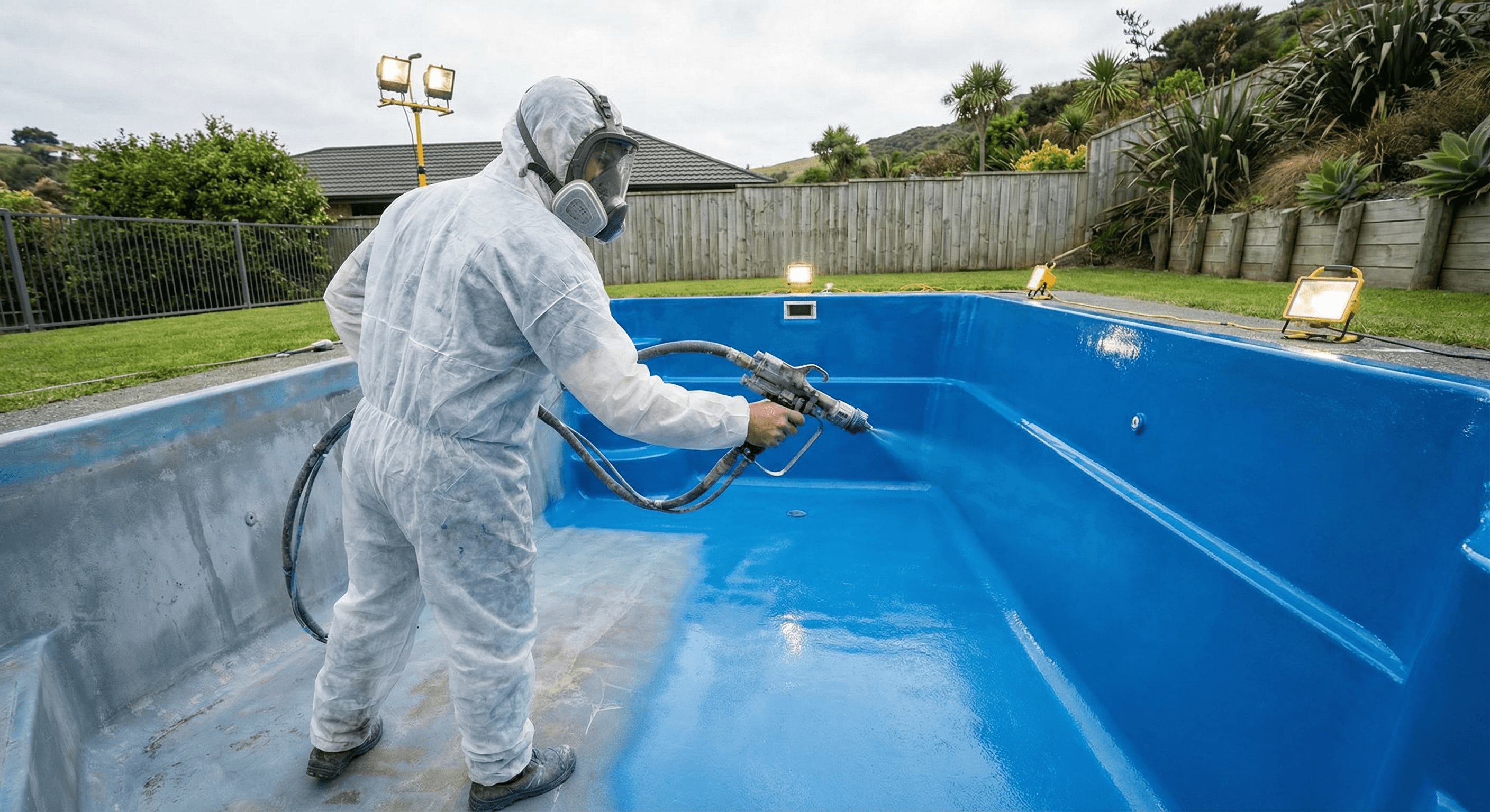 Professional gelcoat spray application on fibreglass pool in New Zealand