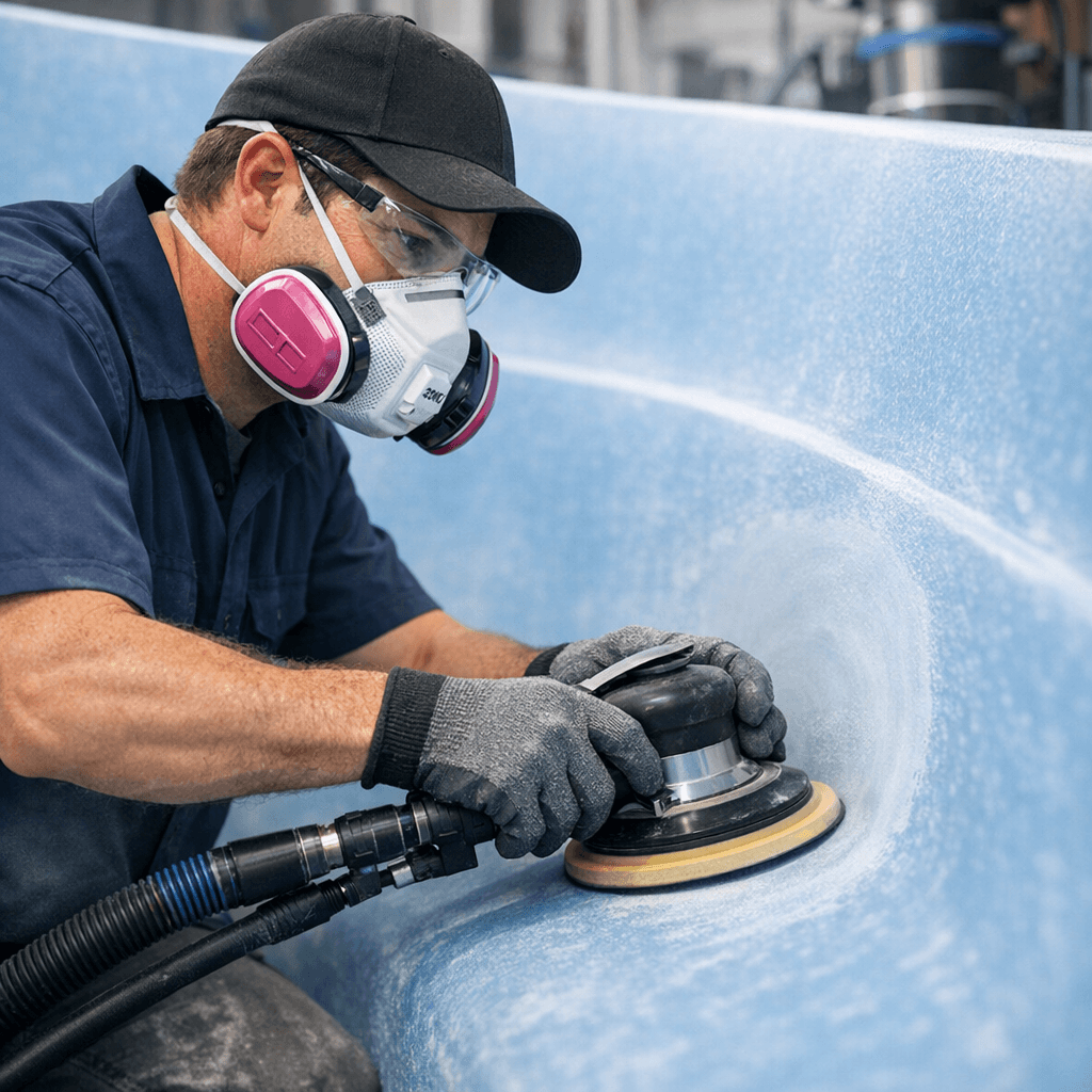 Technician preparing fibreglass pool surface with orbital sander